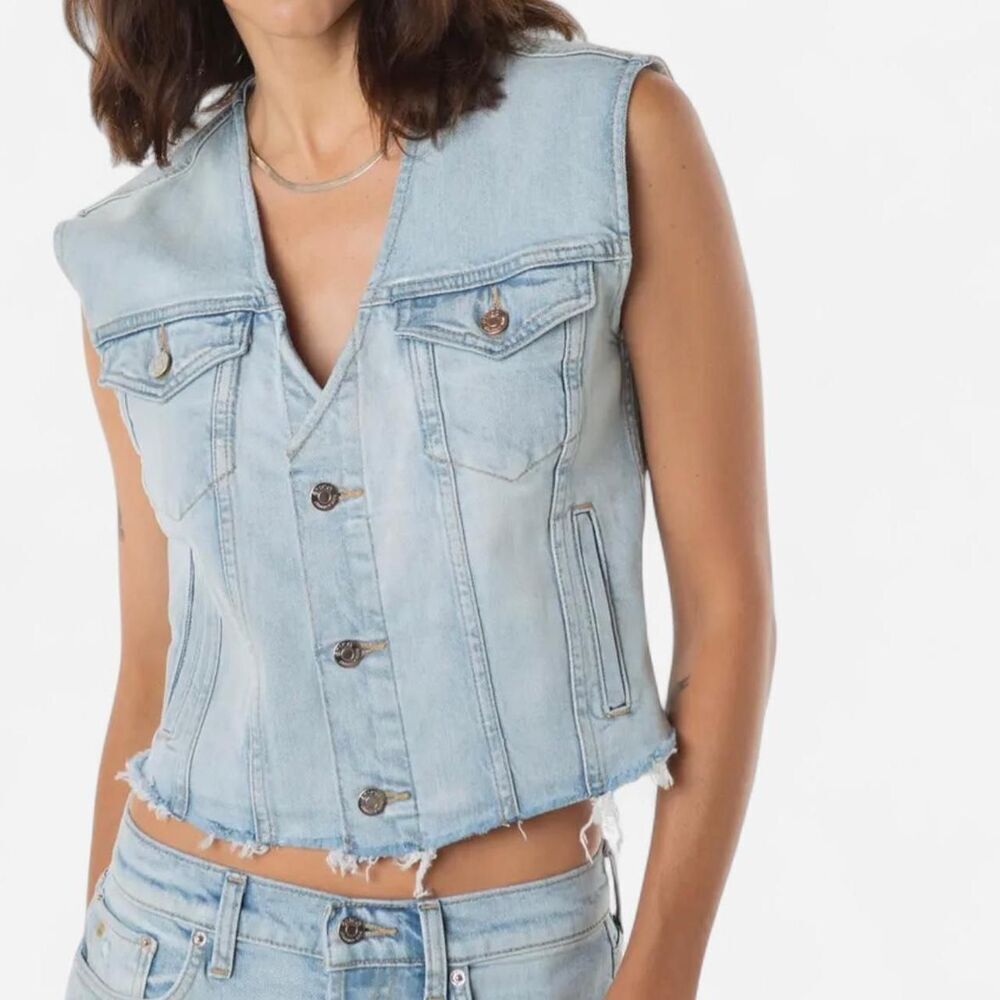 Etica Hollis Organic Cotton Denim Crop Vest S | Light-Wash Frayed